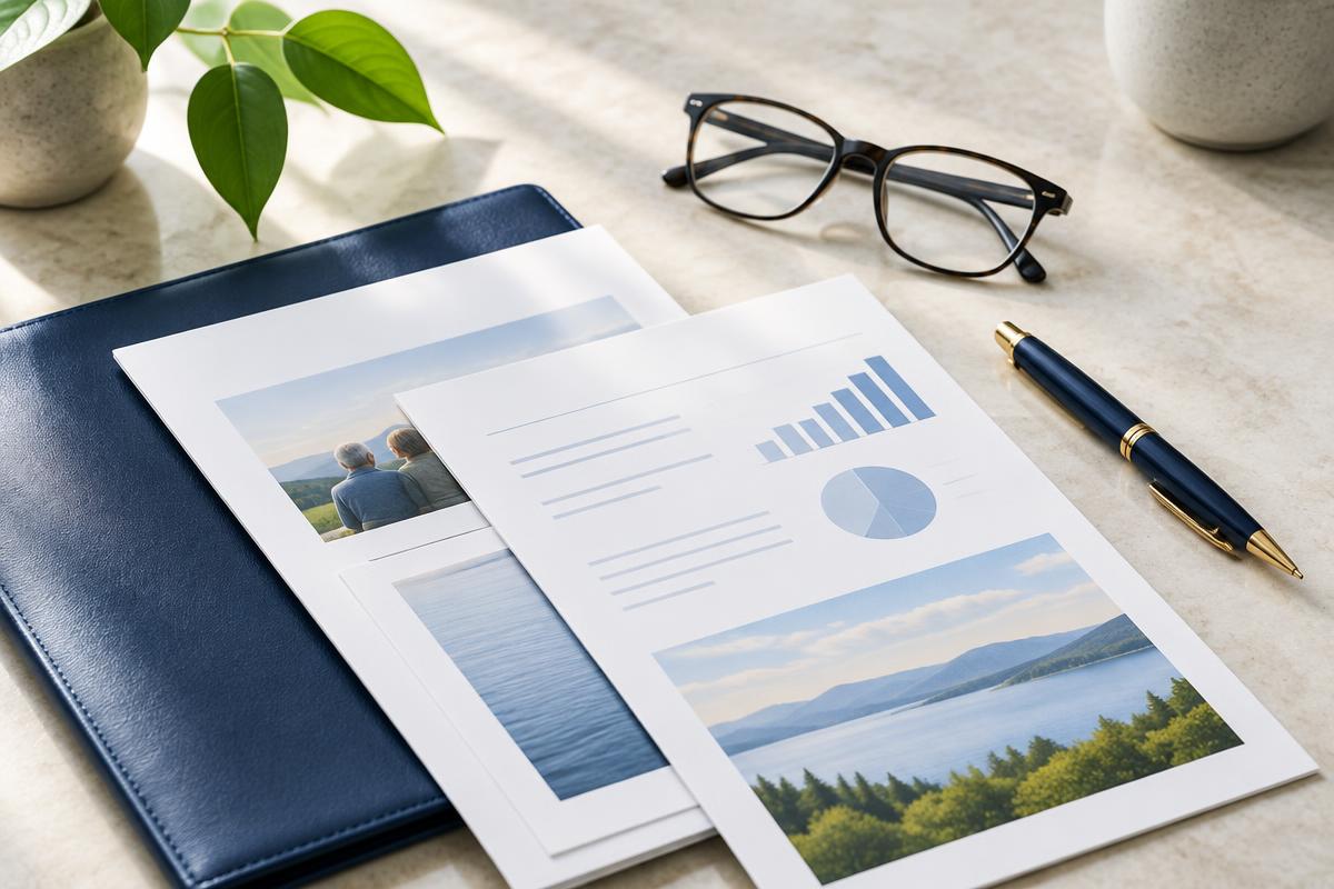 Retirement planning documents arranged on a desk