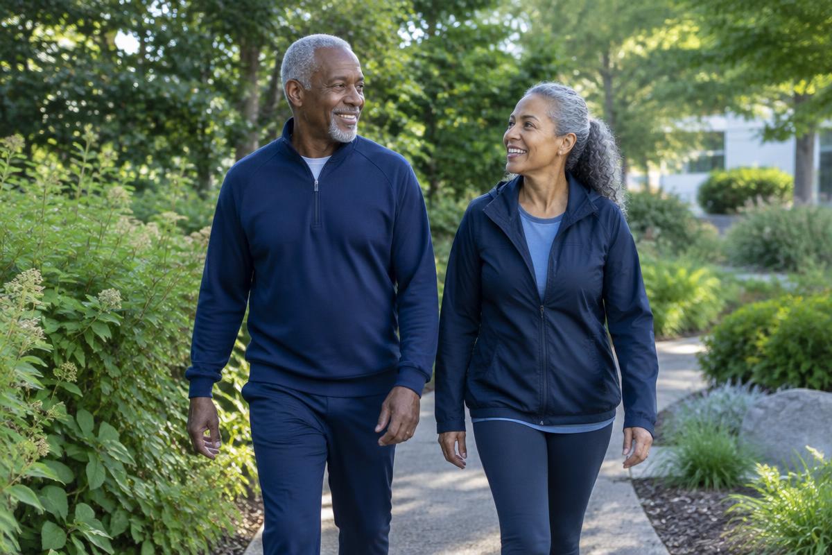 A retired couple walking together outdoors
